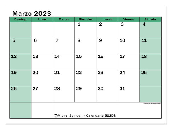 Calendario 503DS, marzo de 2023, para imprimir gratuitamente. Agenda imprimible gratuita