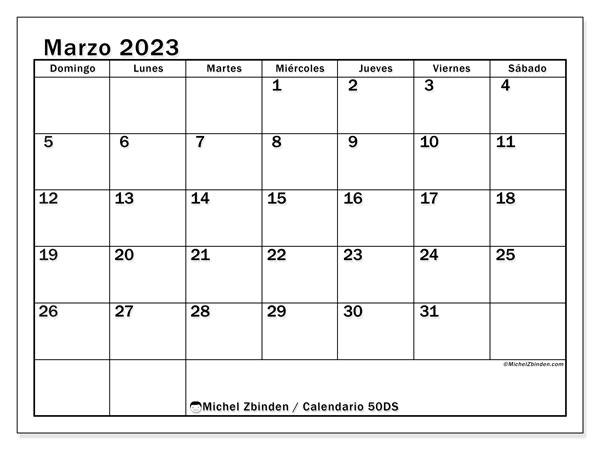 50DS, calendario de marzo de 2023, para su impresión, de forma gratuita.