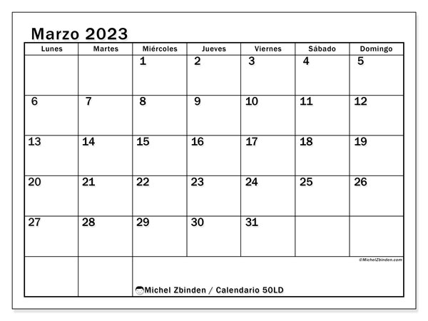 50LD, calendario de marzo de 2023, para su impresión, de forma gratuita.