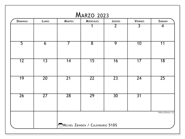 Calendario 51DS, marzo de 2023, para imprimir gratuitamente. Horario imprimible gratis