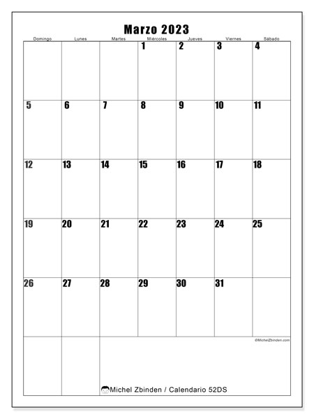 52DS, calendario de marzo de 2023, para su impresión, de forma gratuita.