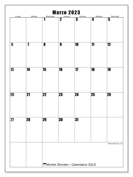 Calendario marzo de 2023 para imprimir. Calendario mensual “52LD” y almanaque para imprimer gratis