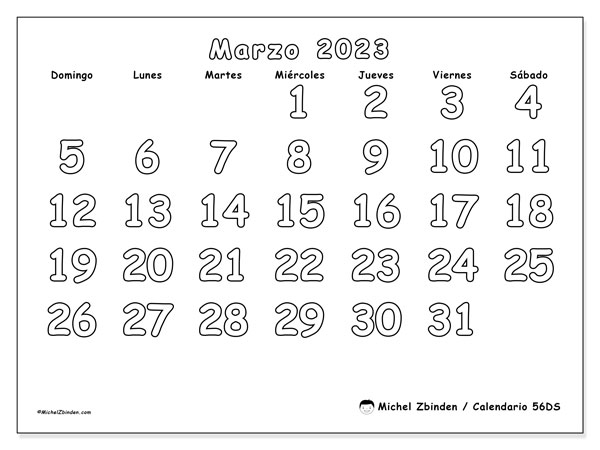 56DS, calendario de marzo de 2023, para su impresión, de forma gratuita.