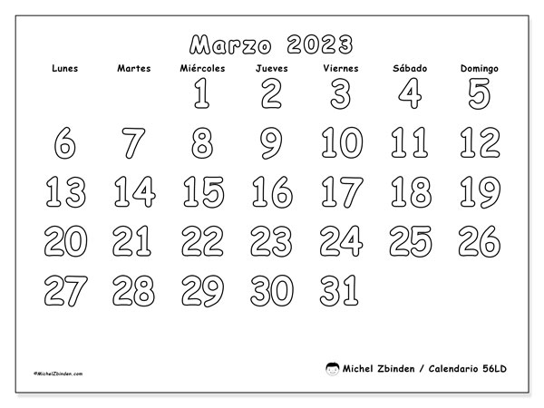 Calendario 56LD, marzo de 2023, para imprimir gratuitamente. Agenda imprimible gratuita