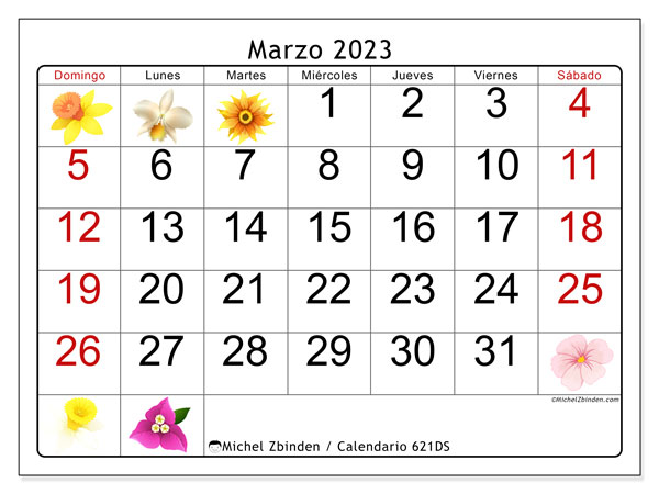 Calendario 621DS, marzo de 2023, para imprimir gratuitamente. Agenda imprimible gratuita
