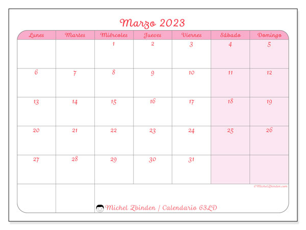 Calendario para imprimir, marzo 2023, 63LD