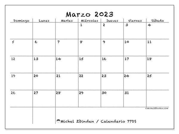 Calendario 77DS, marzo de 2023, para imprimir gratuitamente. Agenda imprimible gratuita