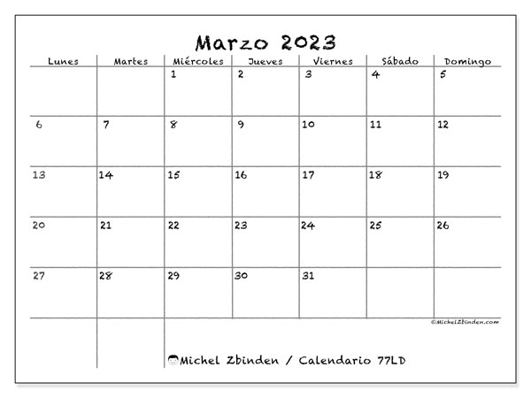 Calendario para imprimir, marzo 2023, 77LD