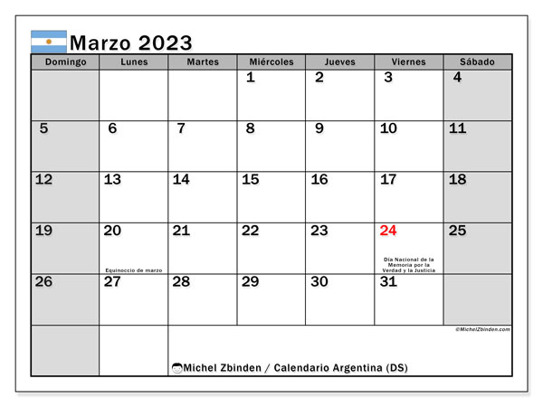 Calendario para imprimir, marzo de 2023, Argentina (DS)