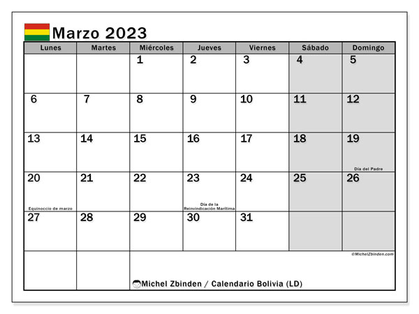 Calendario para imprimir, marzo de 2023, Bolivia (LD)