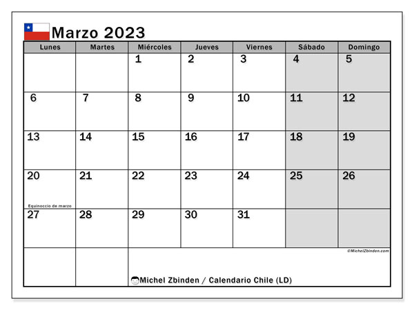 Calendario para imprimir, marzo de 2023, Chile (LD)