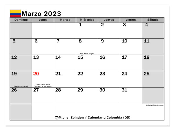 Calendario con los días festivos de Colombia, marzo 2023, para imprimir, gratis. Horario imprimible gratis
