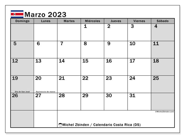 Calendario con los días festivos de Costa Rica, Marzo 2023, para imprimir, gratis. Agenda gratuita para imprimir