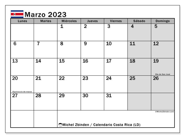 Calendario para imprimir, marzo de 2023, Costa Rica (LD)