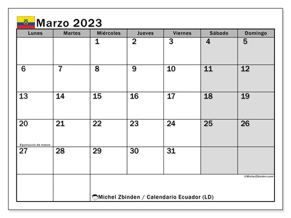 Calendario “Ecuador (LD)” para imprimir, con festivos. Calendario mensual marzo de 2023 y agenda gratuito para imprimir.