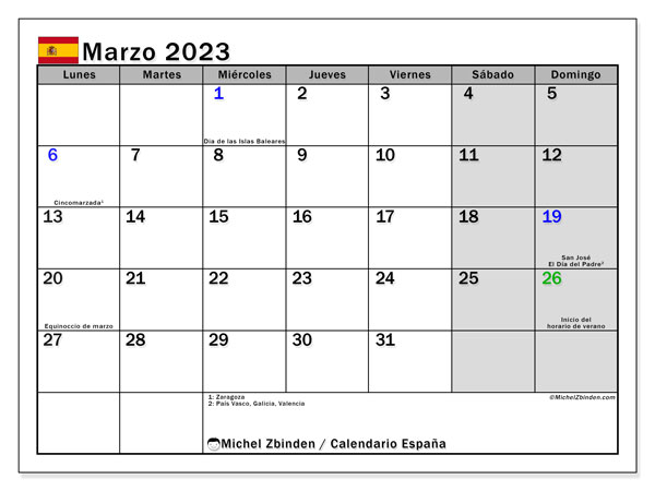 España, calendario de marzo de 2023, para su impresión, de forma gratuita.