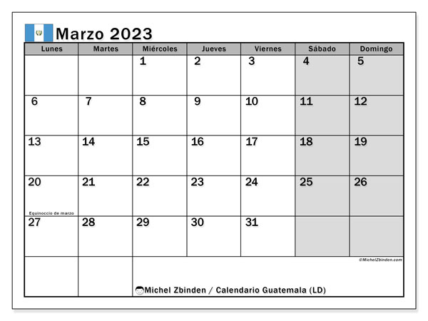 Calendario para imprimir, marzo 2023, Guatemala (LD)