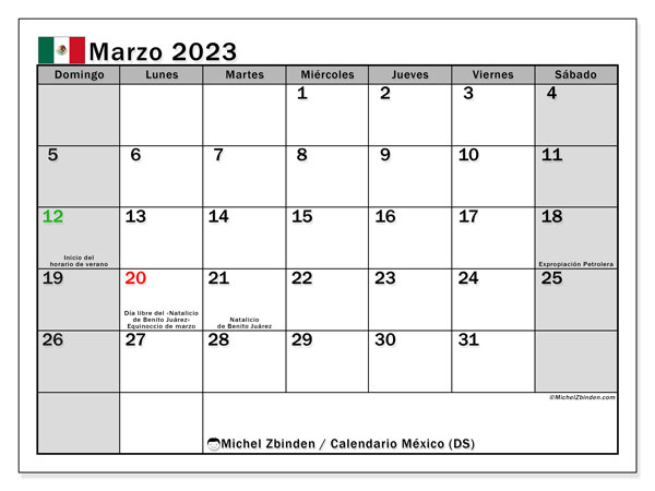Calendario “México (DS)” para imprimir, con festivos. Calendario mensual marzo de 2023 y almanaque gratuito para imprimir.