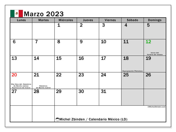 Calendario con los días festivos de México, marzo 2023, para imprimir, gratis. Programa imprimible gratuito