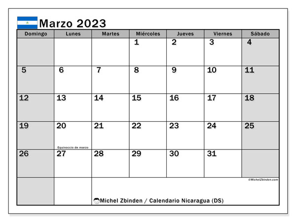 Calendario para imprimir, marzo de 2023, Nicaragua (DS)