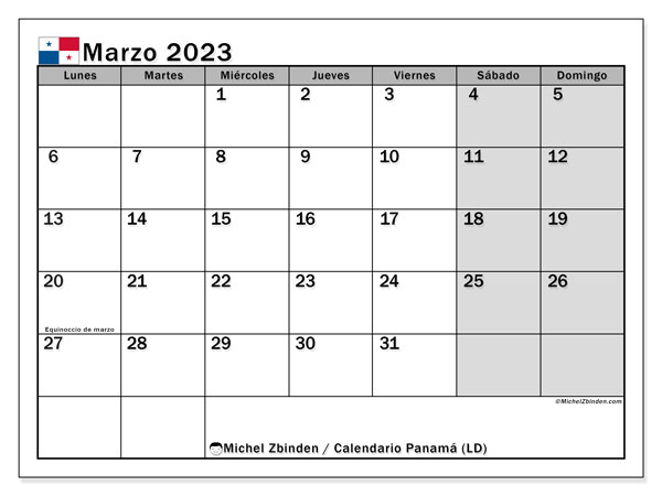 Calendario para imprimir, marzo de 2023, Panamá (LD)