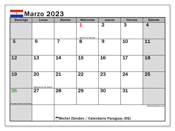 Calendario para imprimir, marzo de 2023, Paraguay (DS)