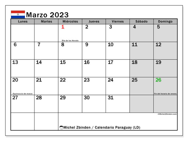 Calendario para imprimir, marzo de 2023, Paraguay (LD)