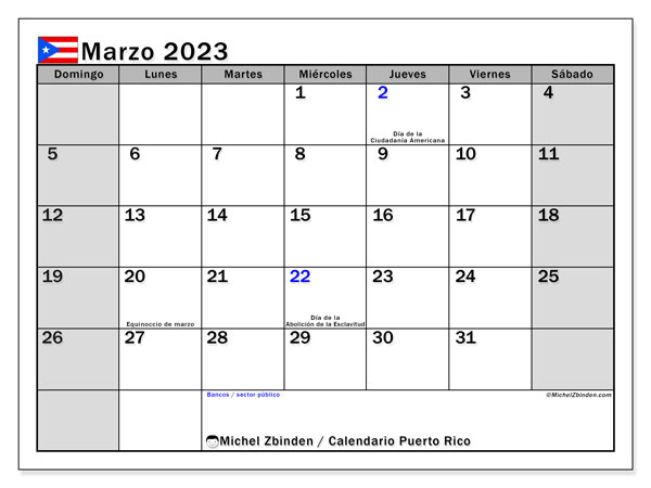 Calendario con los días festivos de Puerto Rico, marzo 2023, para imprimir, gratis. Agenda imprimible gratuita