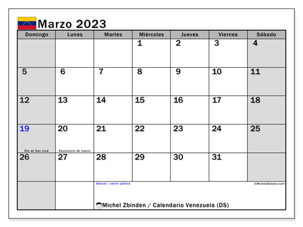 Calendario para imprimir, marzo de 2023, Venezuela (DS)