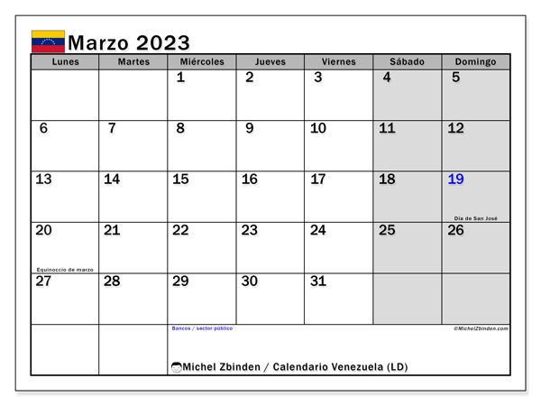 Calendario para imprimir, marzo 2023, Venezuela (LD)