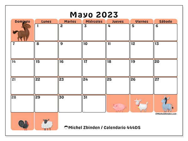Calendario mayo de 2023 para imprimir. Calendario mensual “444DS” y almanaque para imprimer gratis