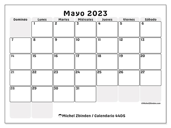 Calendario mayo 2023, 44DS. Diario para imprimir gratis.