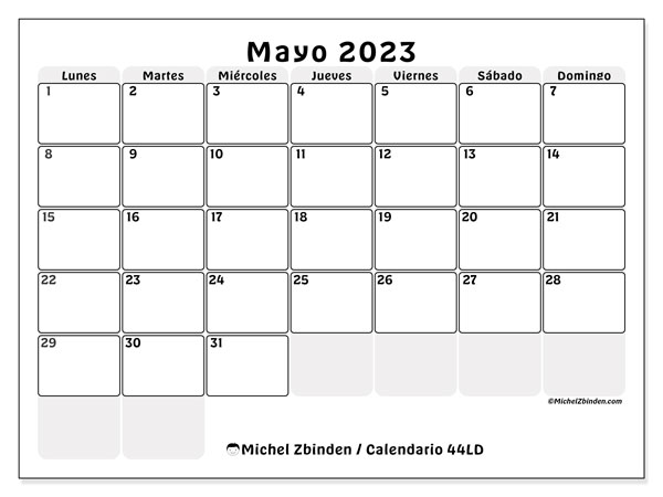 Calendario mayo de 2023 para imprimir. Calendario mensual “44LD” y almanaque gratuito para imprimir