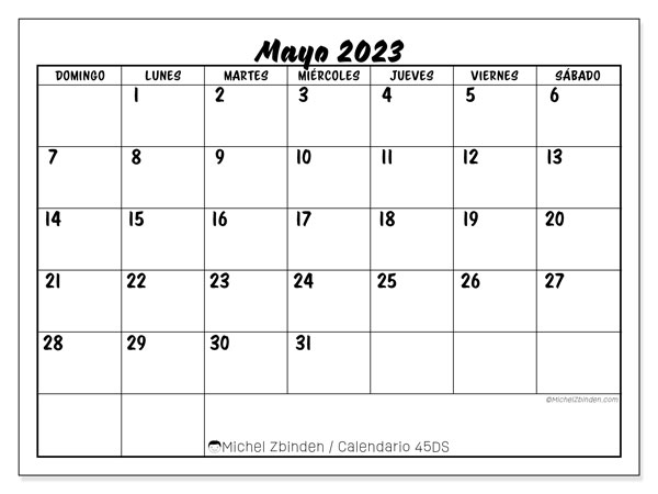 45DS, calendario de mayo de 2023, para su impresión, de forma gratuita.