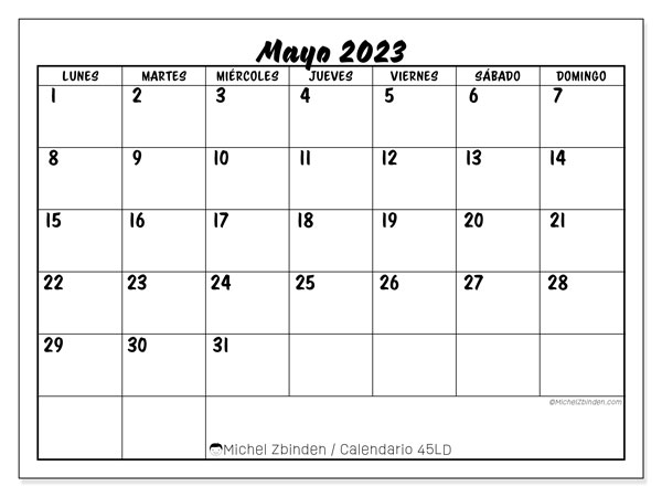 Calendario mayo 2023, 45LD. Diario para imprimir gratis.