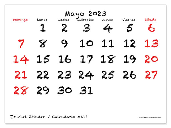 Calendario mayo 2023, 46DS. Diario para imprimir gratis.