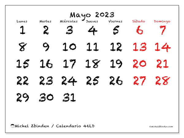 Calendario mayo 2023 “46”. Calendario para imprimir gratis.. De lunes a domingo