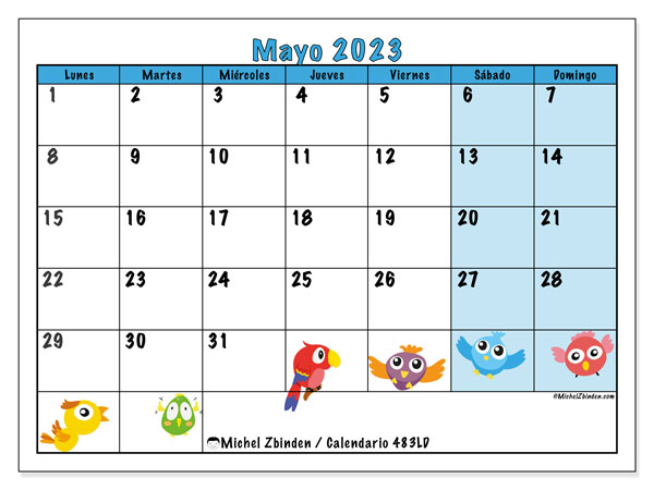 Calendario mayo 2023, 483LD. Calendario para imprimir gratis.