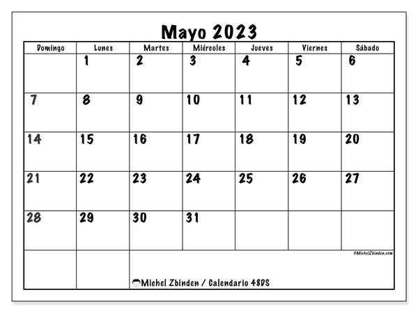 Calendario mayo 2023, 48DS. Calendario para imprimir gratis.