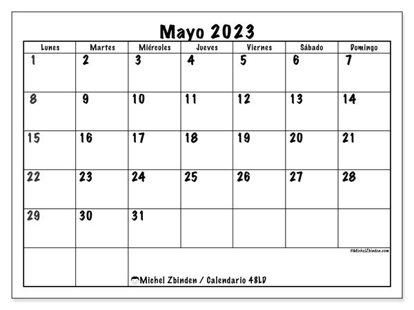 Calendario mayo 2023, 48LD. Diario para imprimir gratis.