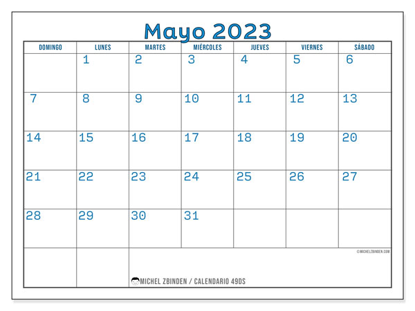49DS, calendario de mayo de 2023, para su impresión, de forma gratuita.