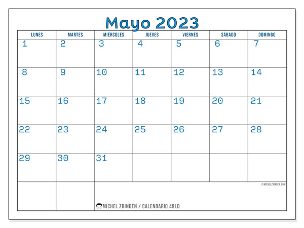 Calendario mayo 2023, 49LD. Diario para imprimir gratis.