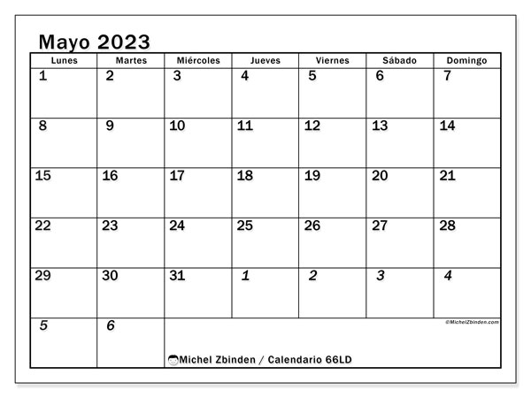 Calendario mayo 2023, 501LD. Diario para imprimir gratis.