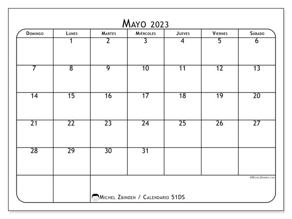 Calendario mayo de 2023 para imprimir. Calendario mensual “51DS” y planificación imprimibile