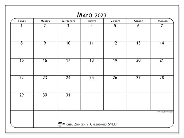 Calendario mayo de 2023 para imprimir. Calendario mensual “51LD” y almanaque para imprimer gratis