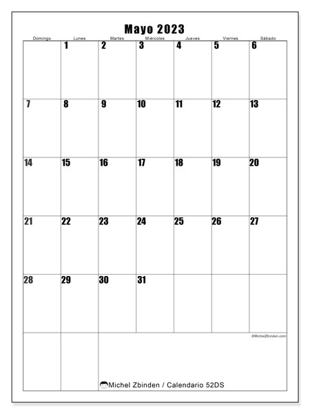 Calendario mayo 2023 “52”. Horario para imprimir gratis.. De domingo a sábado