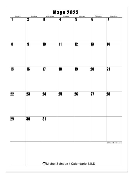 Calendario mayo 2023 “52”. Horario para imprimir gratis.. De lunes a domingo