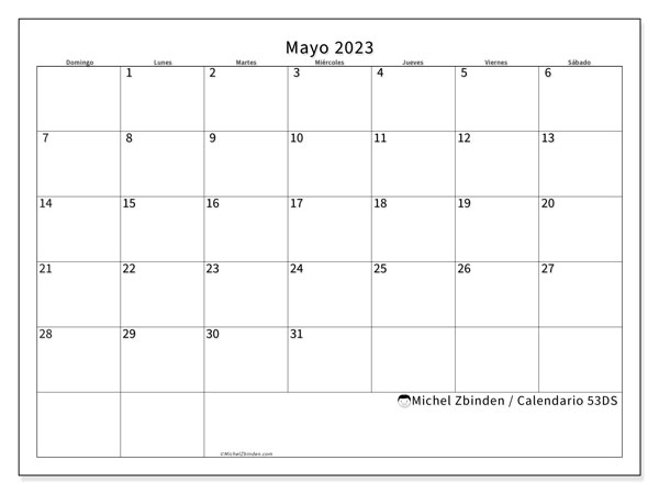 53DS, calendario de mayo de 2023, para su impresión, de forma gratuita.