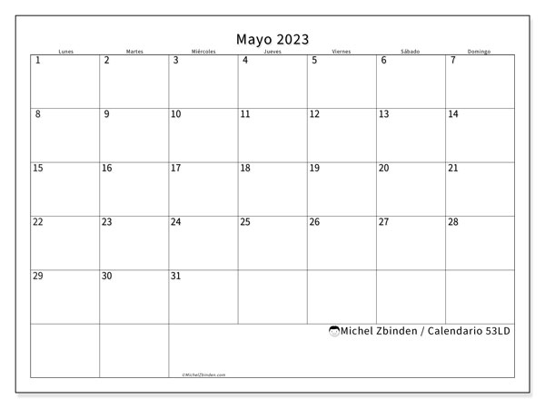 53LD, calendario de mayo de 2023, para su impresión, de forma gratuita.