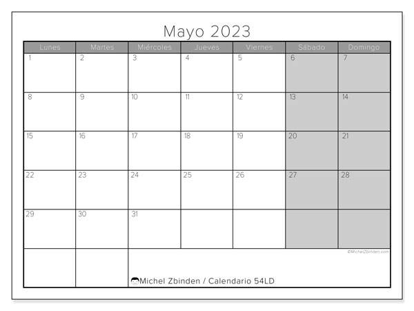Calendario mayo 2023, 54LD. Diario para imprimir gratis.